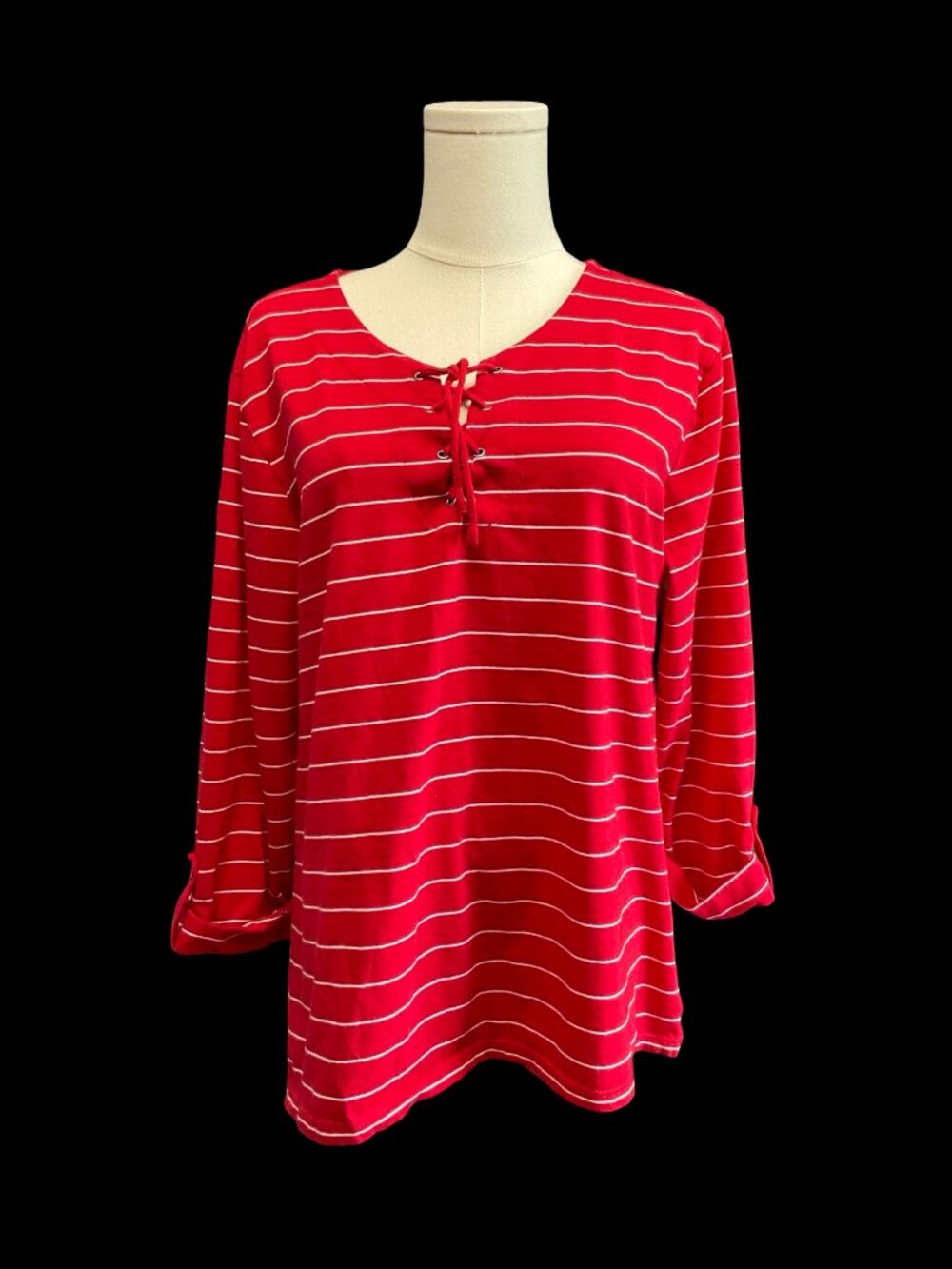 Striped 3/4 Sleeve Tops w/ Lace Up Neck Detail x2